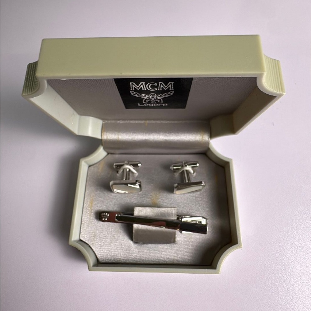 MCM Silver Cufflinks and Tie Clip Set